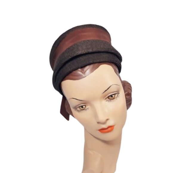 Vintage 1940s Dark Brown Small Straw Open Crown Round Pillbox Hat With Ribbons